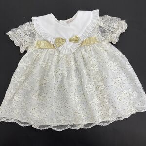 Vintage Nana’s Pet Designer Lace Ivory Gold Satin Dress 12 Months Wedding Lovely